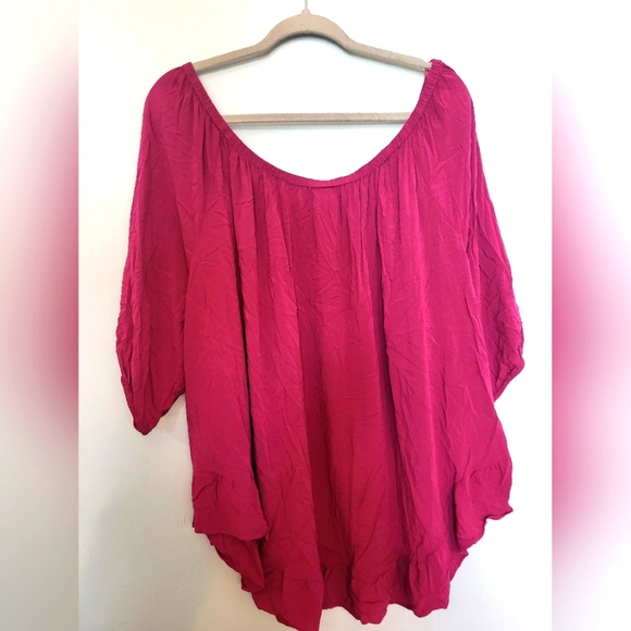 d/C jeans off the shoulder ruffle bottom 3/4 sleeve pink top size 2X - Picture 2 of 7